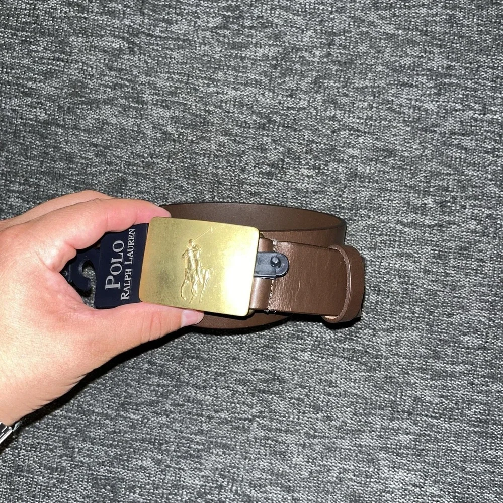 Polo Ralph Lauren Belt Mens Size 34 Brown Leather Brass Buckle Dress Pony Logo